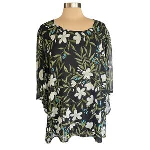 Bobeau Dark Floral Chiffon Blouse Womens Size 1X Bohemian Flowy Casual Office